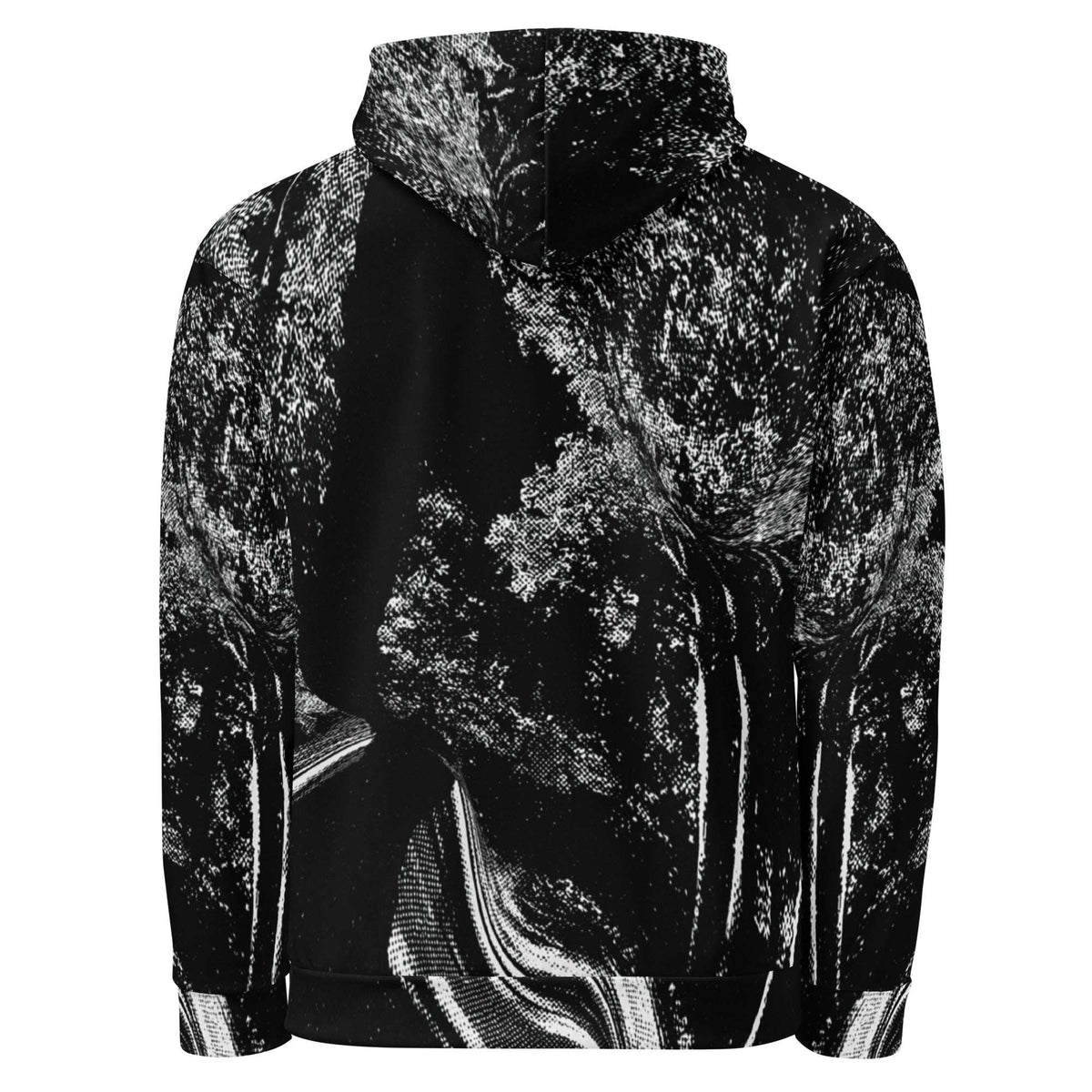 A black and white hooded sweatshirt featuring a high-contrast, textured tree canopy print on a solid white background.