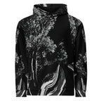 A black pullover hoodie featuring a high-contrast white and gray abstract tree and forest pattern across the front and sleeves, shown against a plain white background.
