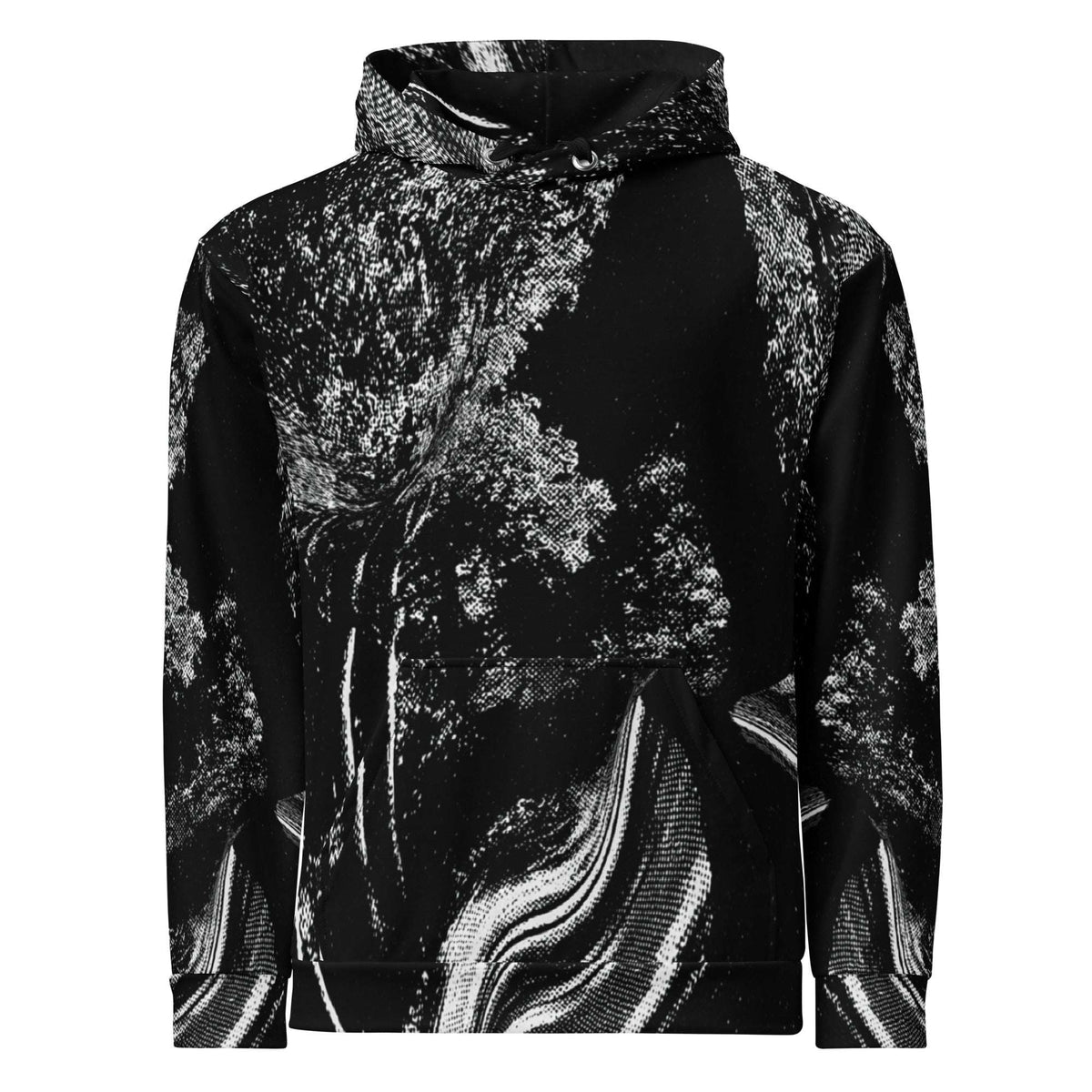 A black pullover hoodie featuring a high-contrast white and gray abstract tree and forest pattern across the front and sleeves, shown against a plain white background.