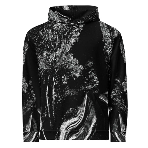 A black pullover hoodie featuring a high-contrast white and gray abstract tree and forest pattern across the front and sleeves, shown against a plain white background.