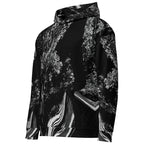 A black and white abstract patterned hoodie with a high collar and front kangaroo pocket, shown on a plain white background.