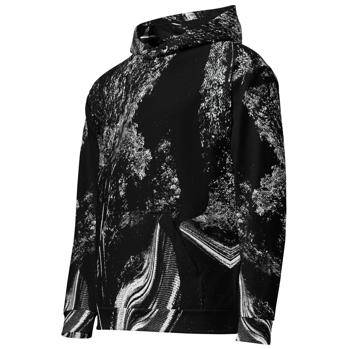 A black and white abstract patterned hoodie with a high collar and front kangaroo pocket, shown on a plain white background.