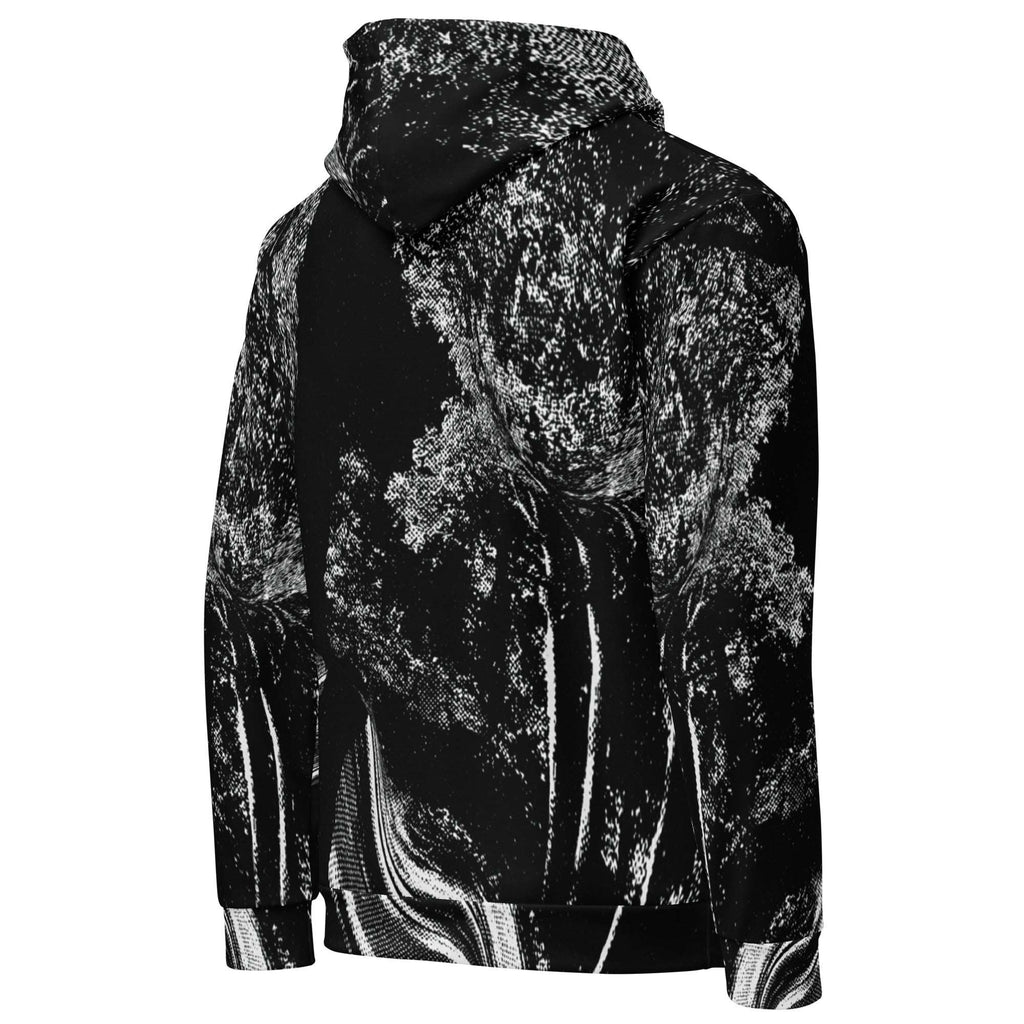 A black pullover hoodie featuring a high-contrast white and gray abstract tree pattern across the front, shown against a plain white background.