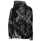 A black pullover hoodie featuring a high-contrast white and gray abstract tree pattern across the front, shown against a plain white background.
