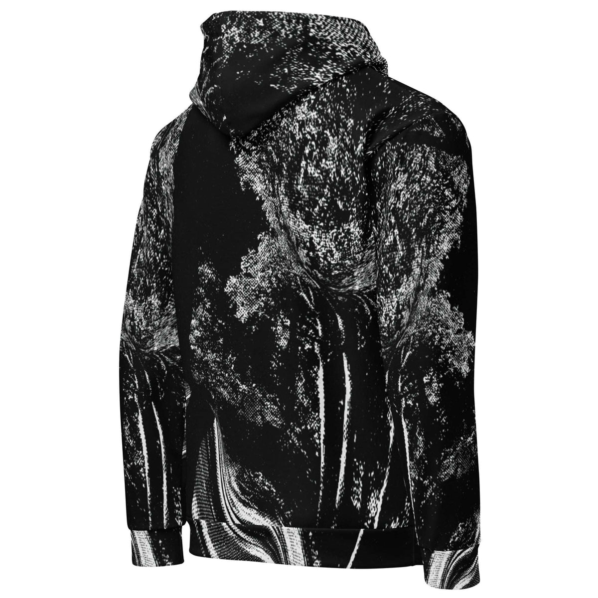 A black pullover hoodie featuring a high-contrast white and gray abstract tree pattern across the front, shown against a plain white background.