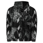 A black and white hooded jacket featuring an abstract, high-contrast geometric pattern with textured brushstrokes and angular shapes.
