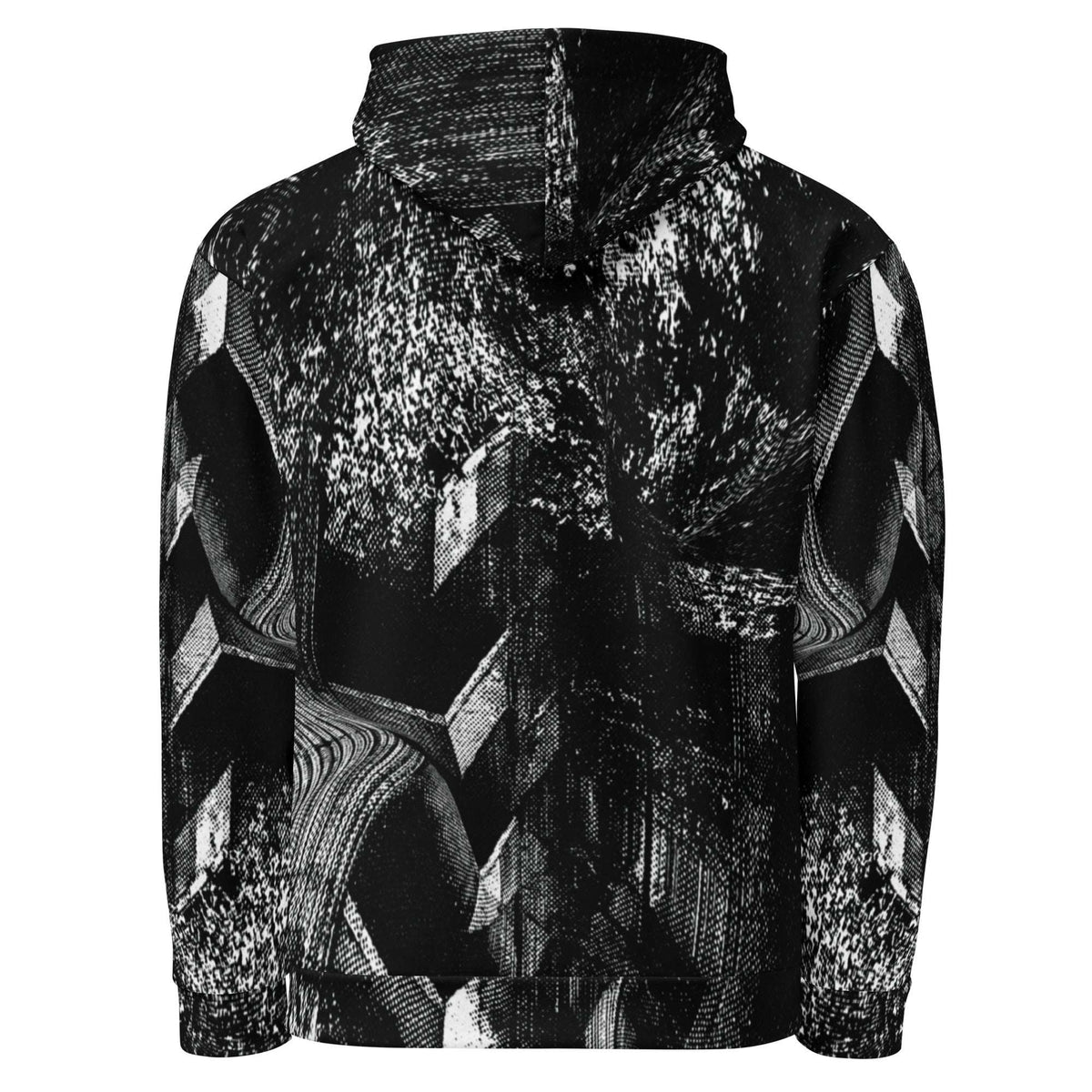 A black and white hooded jacket featuring an abstract, high-contrast geometric pattern with textured brushstrokes and angular shapes.