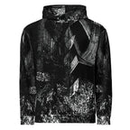 A black and white abstract patterned pullover hoodie with a high collar, shown against a plain white background.
