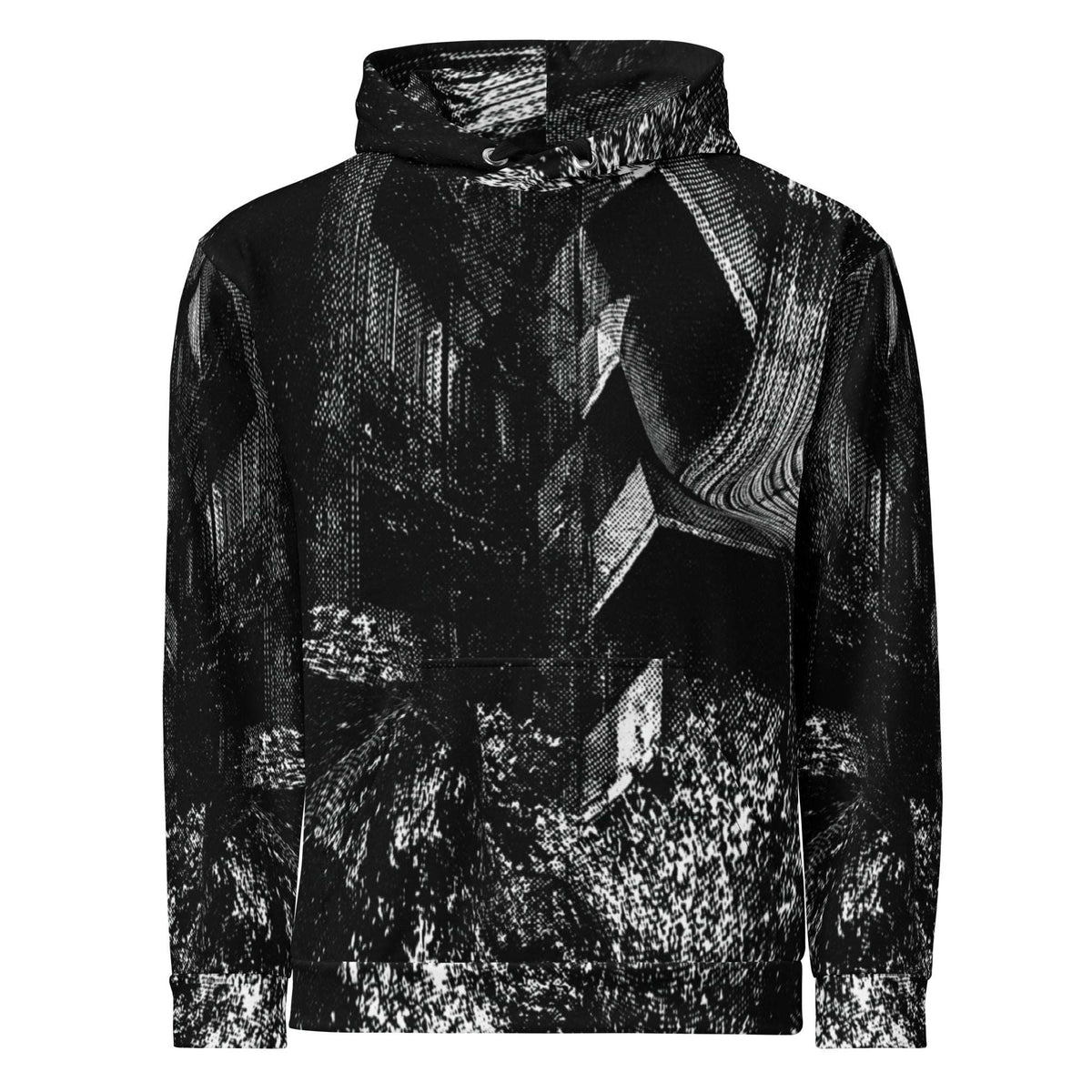 A black and white abstract patterned pullover hoodie with a high collar, shown against a plain white background.