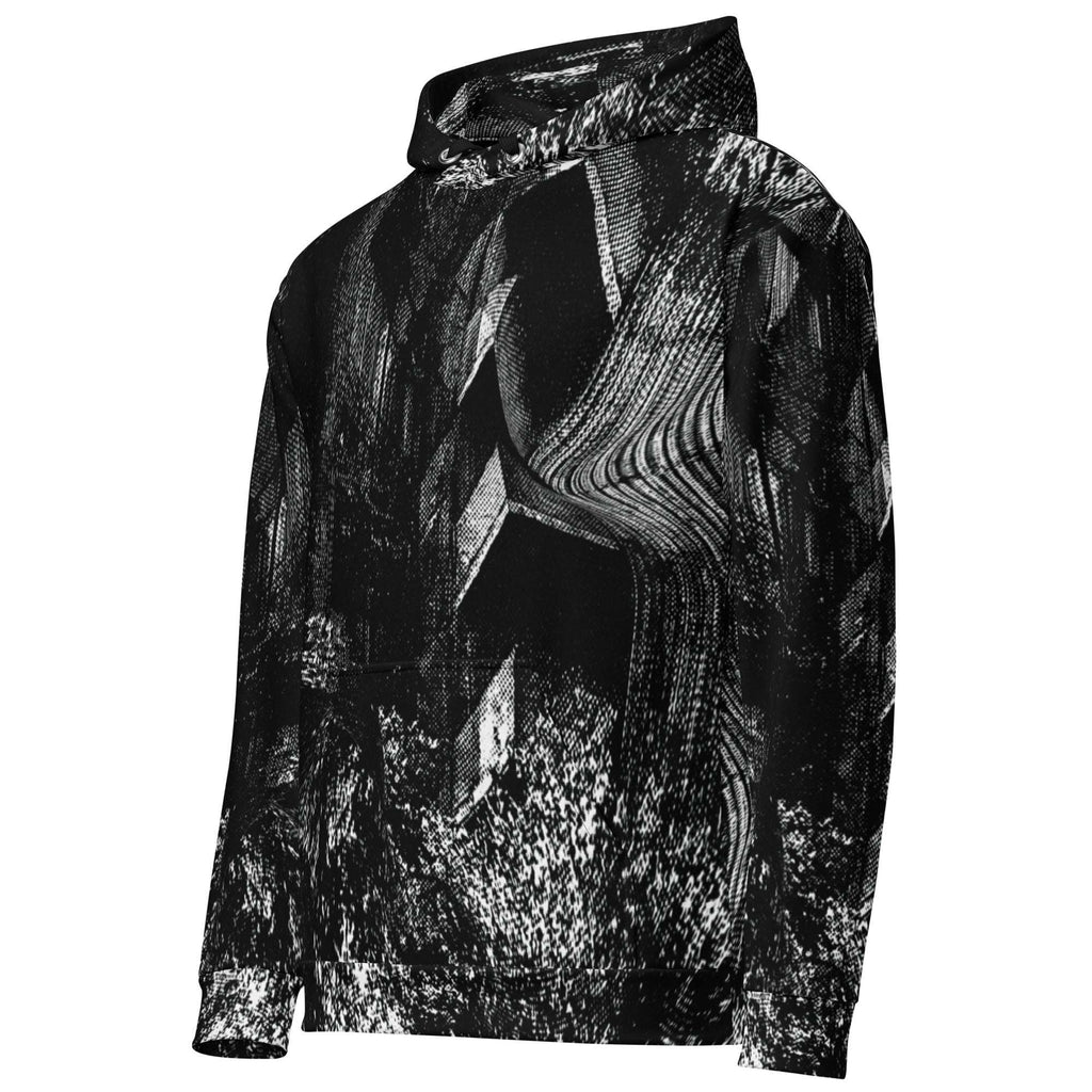 A black and white abstract patterned pullover hoodie with a high collar, displayed on a clean white background.