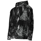A black and white abstract patterned pullover hoodie with a high collar, displayed on a clean white background.