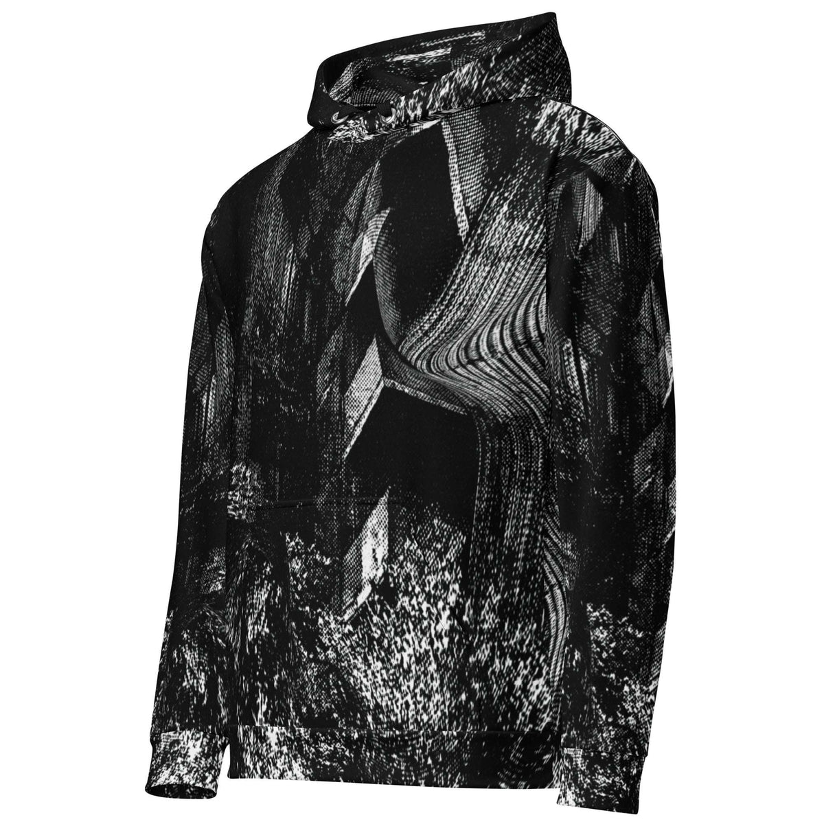 A black and white abstract patterned pullover hoodie with a high collar, displayed on a clean white background.