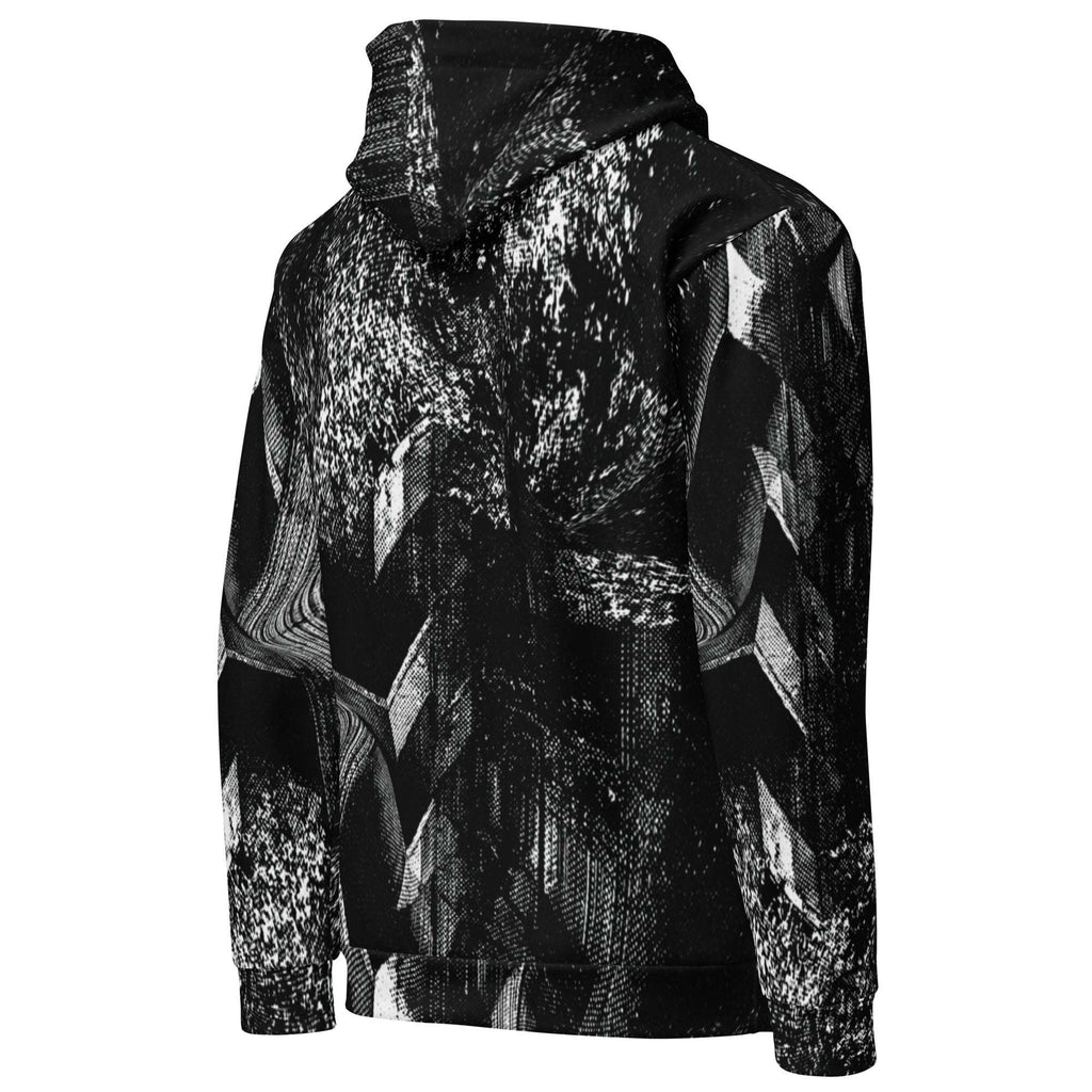 A black and white patterned pullover hoodie with a high collar, shown from the back on a plain white background.