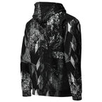 A black and white patterned pullover hoodie with a high collar, shown from the back on a plain white background.
