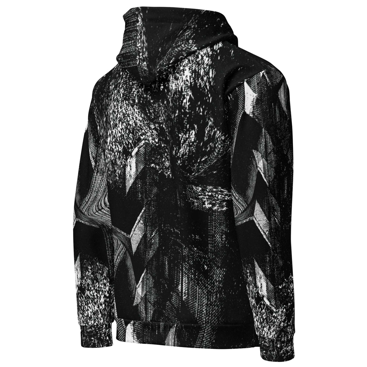 A black and white patterned pullover hoodie with a high collar, shown from the back on a plain white background.