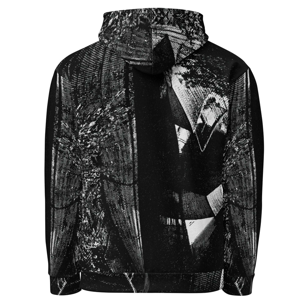 A black and white graphic hoodie featuring a high-contrast, textured print of a man's face and suit on the front, with sheer mesh sleeves, shown against a plain white background.