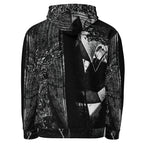 A black and white graphic hoodie featuring a high-contrast, textured print of a man's face and suit on the front, with sheer mesh sleeves, shown against a plain white background.