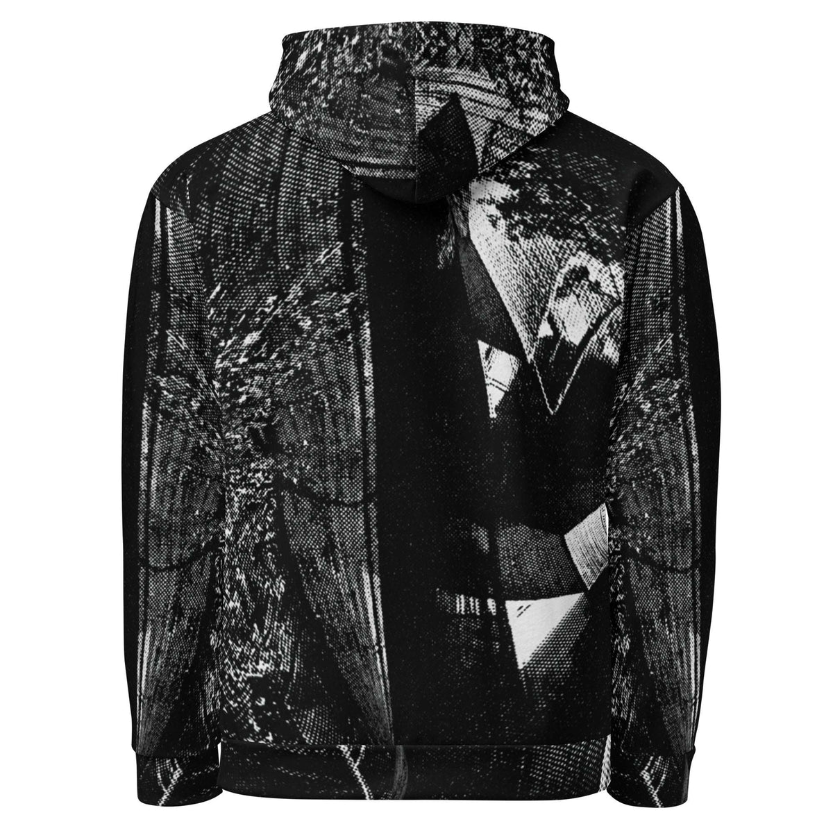 A black and white graphic hoodie featuring a high-contrast, textured print of a man's face and suit on the front, with sheer mesh sleeves, shown against a plain white background.