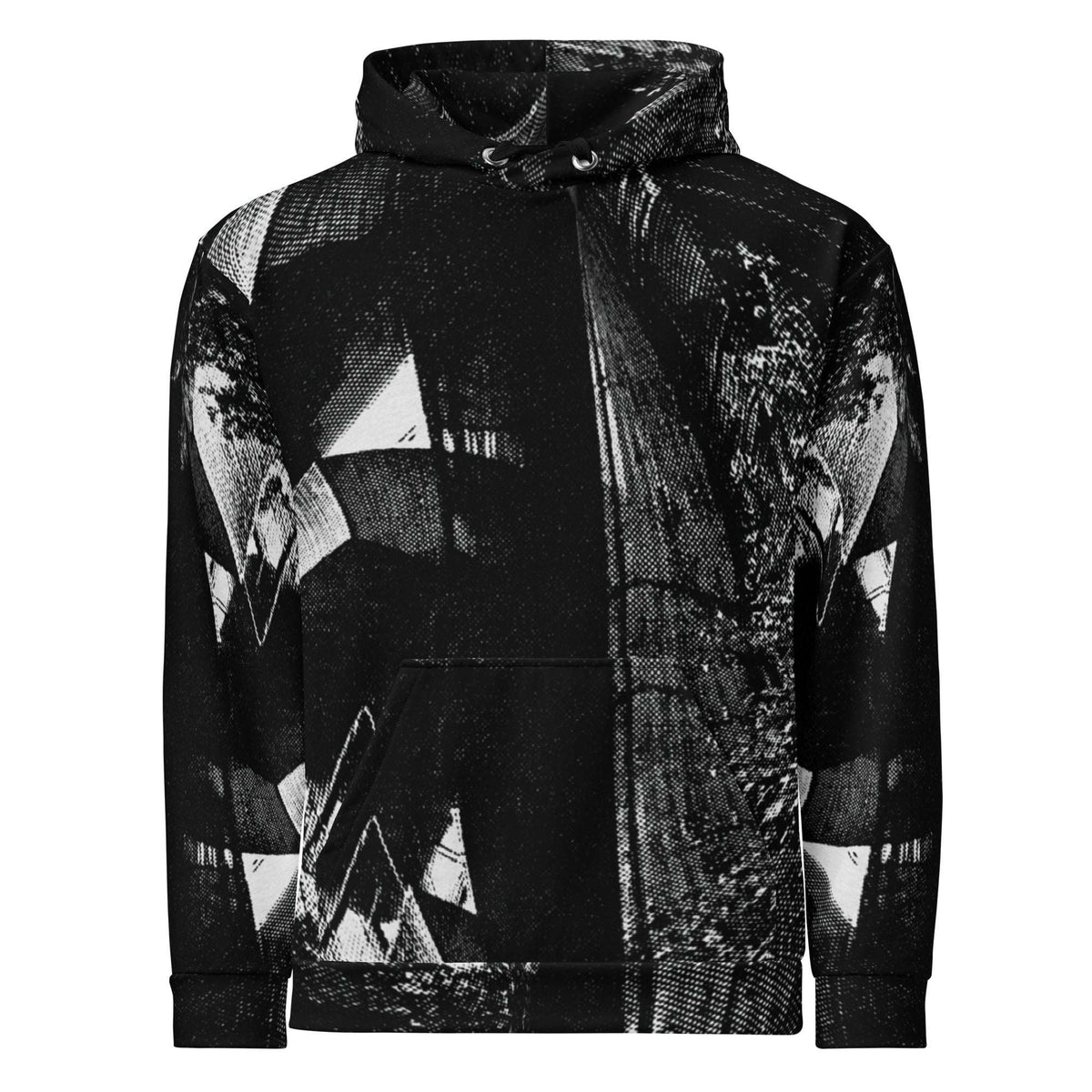 A black pullover hoodie featuring a high-contrast black and white abstract geometric print with a distressed texture, shown against a plain white background.