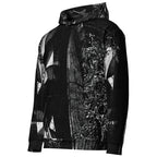 A black pullover hoodie featuring an abstract, high-contrast black and white graphic print with textured brushstroke and geometric patterns, shown on a plain white background.