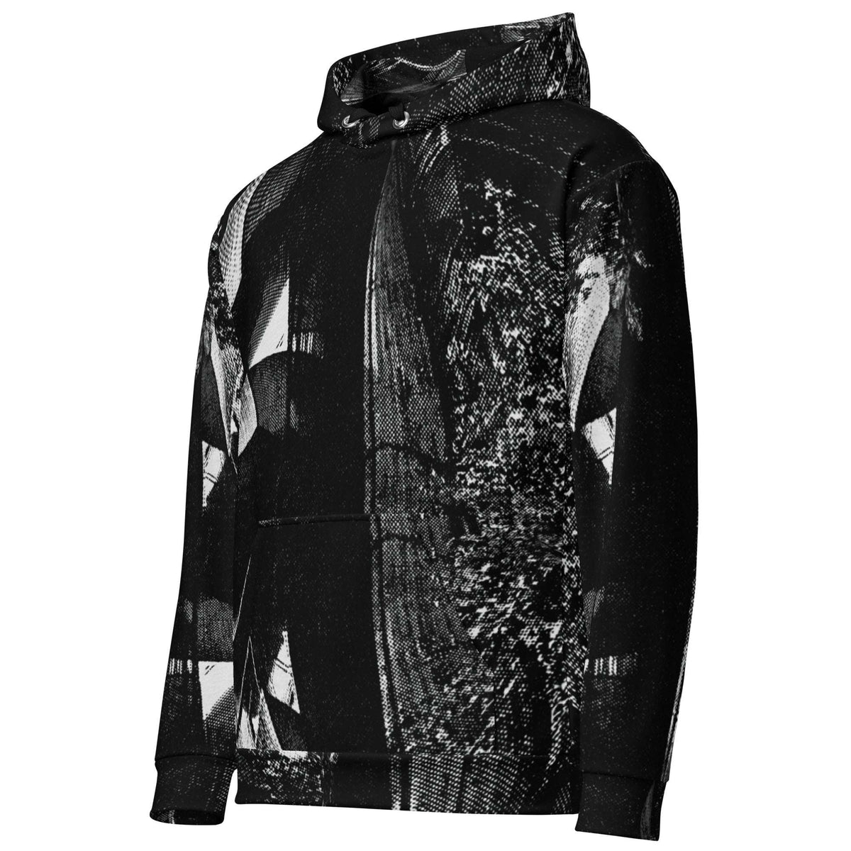 A black pullover hoodie featuring an abstract, high-contrast black and white graphic print with textured brushstroke and geometric patterns, shown on a plain white background.