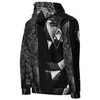 A black pullover hoodie featuring a high-contrast black and white graphic print of a man in a suit, shown from the back against a plain white background.
