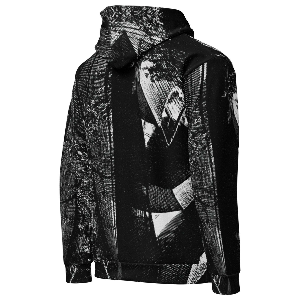 A black pullover hoodie featuring a high-contrast black and white graphic print of a man in a suit, shown from the back against a plain white background.