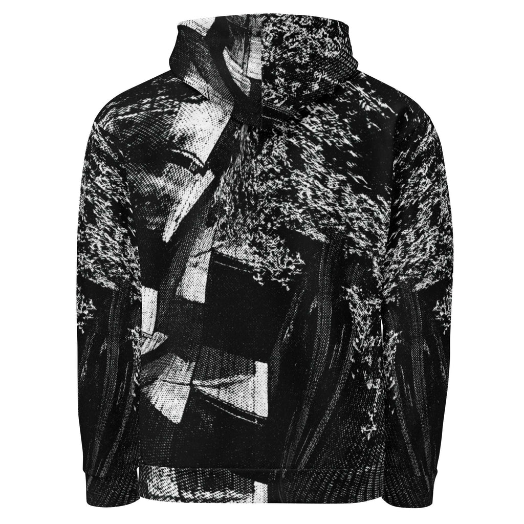 A black and white abstract patterned hoodie with a textured, distressed print, shown against a plain white background.