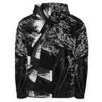 A black and white abstract patterned hoodie with a textured, distressed print, shown against a plain white background.