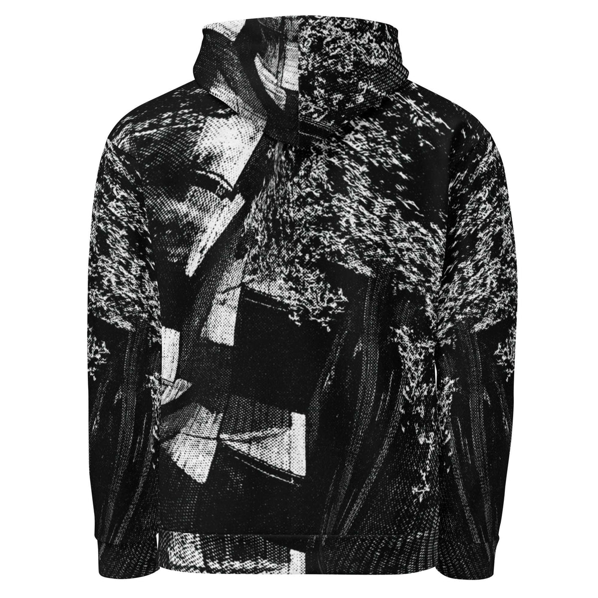 A black and white abstract patterned hoodie with a textured, distressed print, shown against a plain white background.