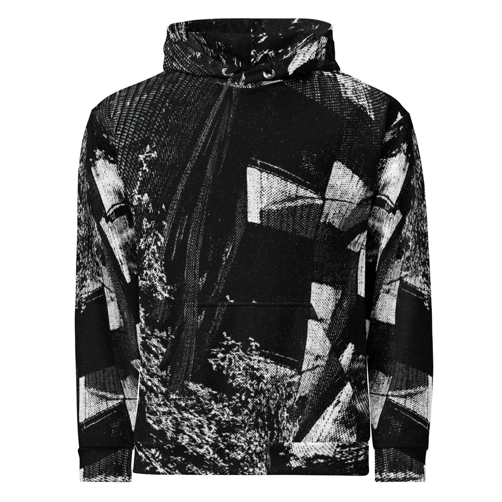 A black and white abstract patterned pullover hoodie with a kangaroo pocket and drawstring hood, shown against a plain white background.