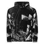 A black and white abstract patterned pullover hoodie with a kangaroo pocket and drawstring hood, shown against a plain white background.