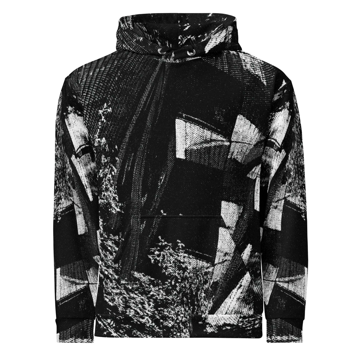A black and white abstract patterned pullover hoodie with a kangaroo pocket and drawstring hood, shown against a plain white background.
