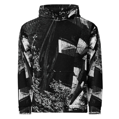 A black and white abstract patterned pullover hoodie with a kangaroo pocket and drawstring hood, shown against a plain white background.