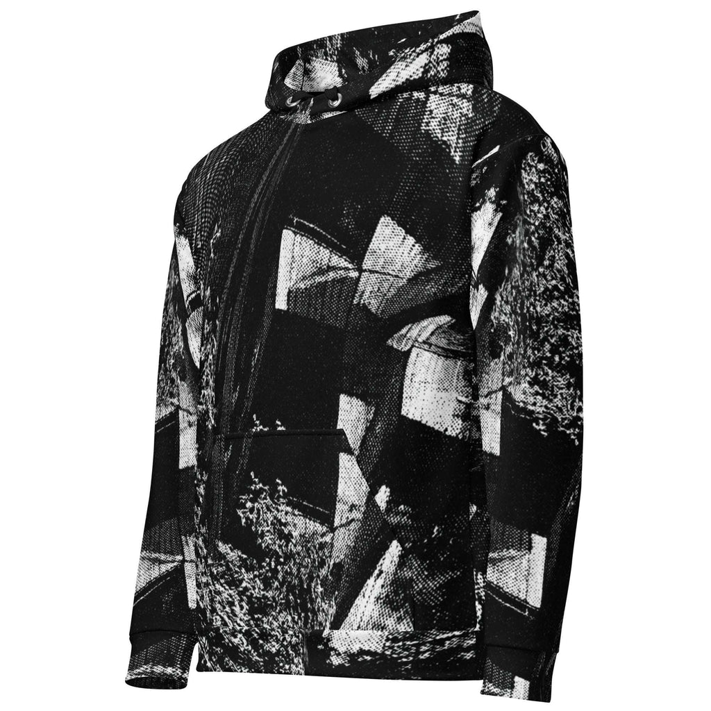 A black and white abstract geometric print hoodie with a kangaroo pocket, shown on a plain white background.