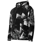 A black and white abstract geometric print hoodie with a kangaroo pocket, shown on a plain white background.