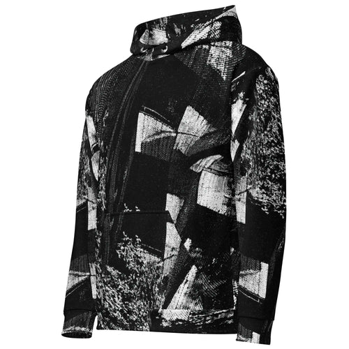 A black and white abstract geometric print hoodie with a kangaroo pocket, shown on a plain white background.