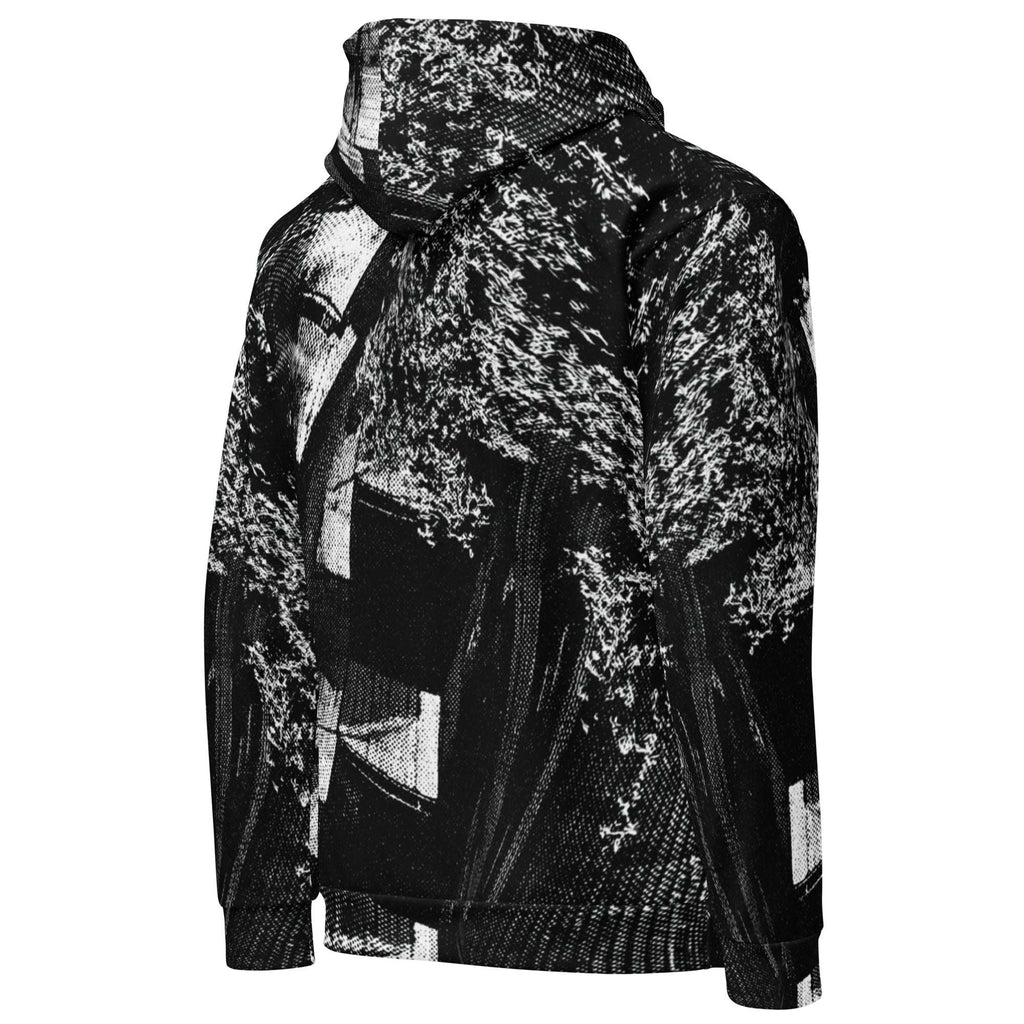A black and white patterned hoodie with an abstract, textured print, shown from the back against a plain white background.