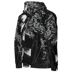 A black and white patterned hoodie with an abstract, textured print, shown from the back against a plain white background.