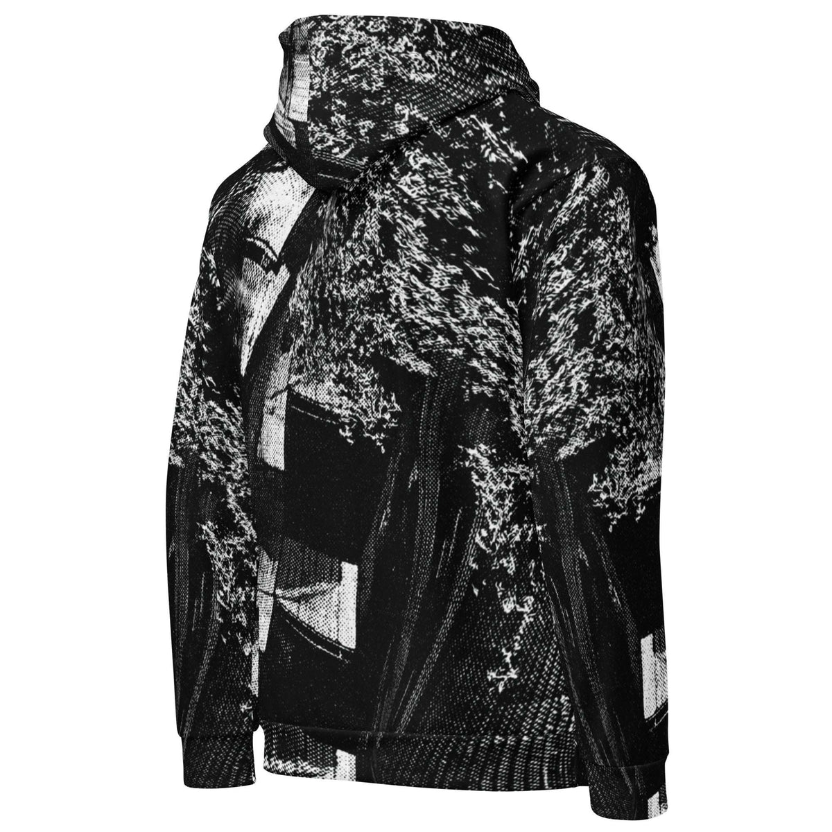 A black and white patterned hoodie with an abstract, textured print, shown from the back against a plain white background.