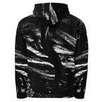 A black and white hooded sweatshirt with an abstract, textured paint-stroke pattern, shown from the back on a solid white background.