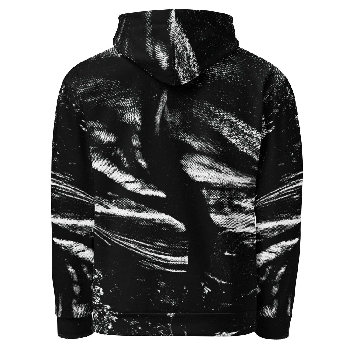 A black and white hooded sweatshirt with an abstract, textured paint-stroke pattern, shown from the back on a solid white background.