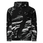 A black pullover hoodie featuring a high-contrast black and white abstract landscape print, displayed on a clean white background.