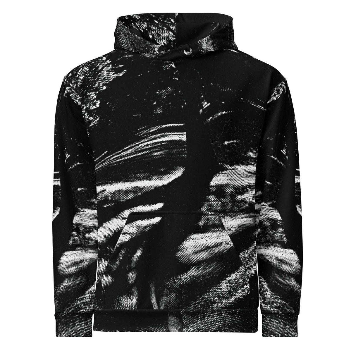A black pullover hoodie featuring a high-contrast black and white abstract landscape print, displayed on a clean white background.