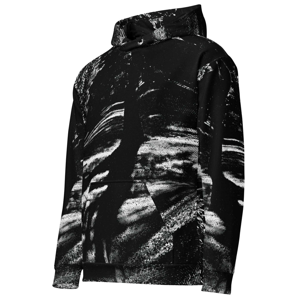 A black pullover hoodie featuring an abstract, high-contrast black and white brushstroke or marble-like pattern across the entire garment, shown on a plain white background.