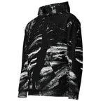 A black pullover hoodie featuring an abstract, high-contrast black and white brushstroke or marble-like pattern across the entire garment, shown on a plain white background.