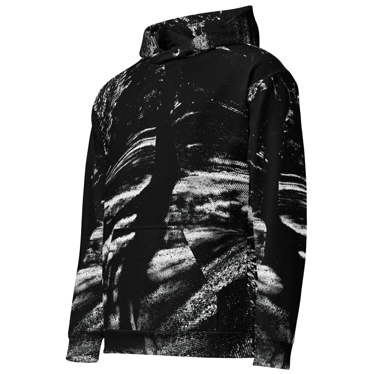 A black pullover hoodie featuring an abstract, high-contrast black and white brushstroke or marble-like pattern across the entire garment, shown on a plain white background.