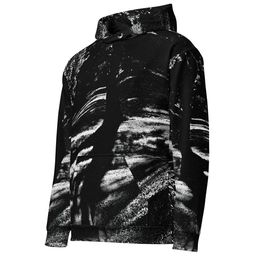 A black pullover hoodie featuring an abstract, high-contrast black and white brushstroke or marble-like pattern across the entire garment, shown on a plain white background.