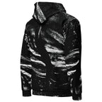 A black pullover hoodie with a high collar and a distinctive black and white abstract brushstroke pattern, shown from the back on a plain white background.