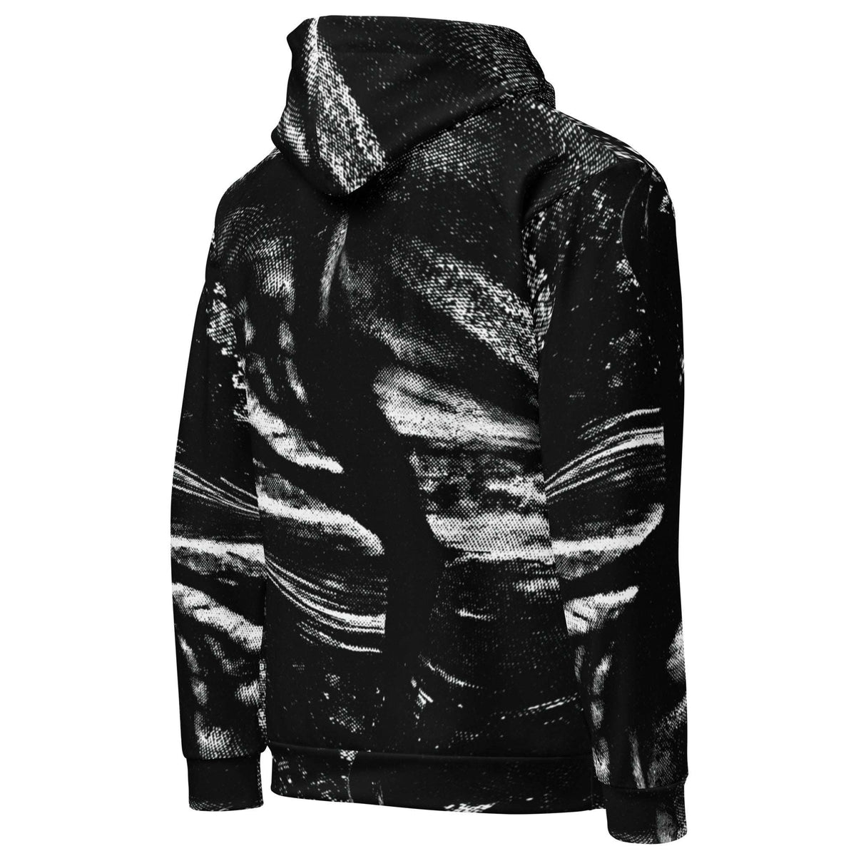 A black pullover hoodie with a high collar and a distinctive black and white abstract brushstroke pattern, shown from the back on a plain white background.